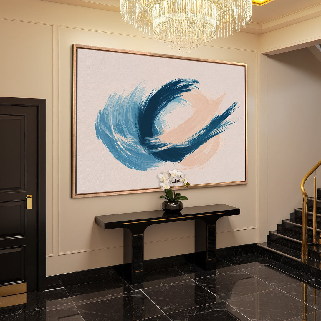 Framed Wall Art: Abstract brushstroke art in blue & blush tones. Modern Canvas Print adds elegance to any space. Shop now!