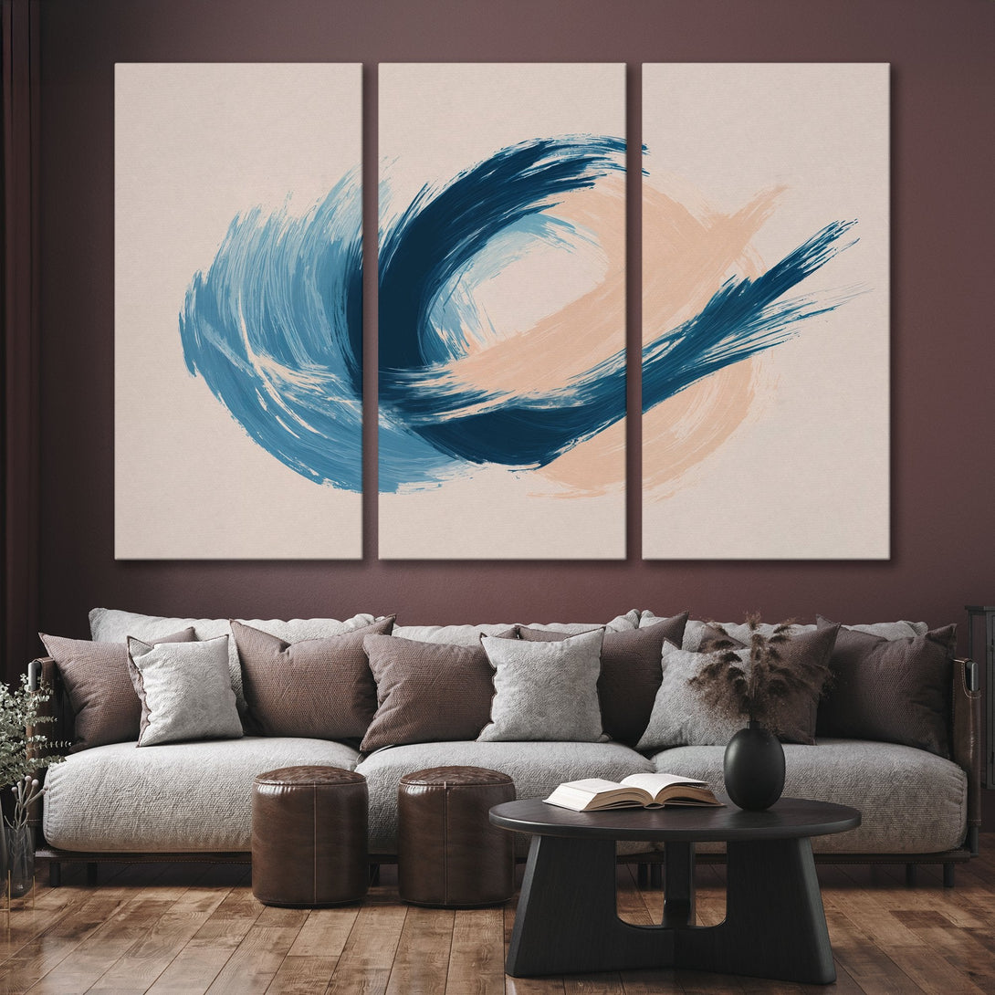Abstract Canvas Print triptych in blue and blush tones. Modern art for your living room. Shop now for stylish wall decor!