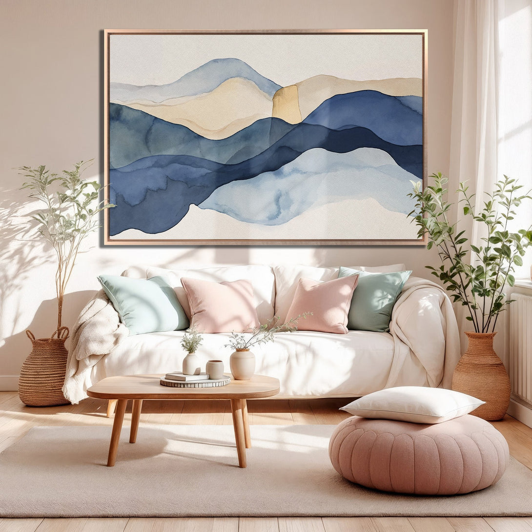 Framed Wall Art: Abstract watercolor mountain landscape in blue and beige tones. Perfect for adding a touch of serenity to your living room.