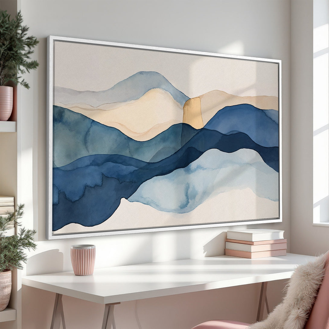 Framed Wall Art of abstract watercolor mountains in blue & beige tones. Modern art for a calming home decor.