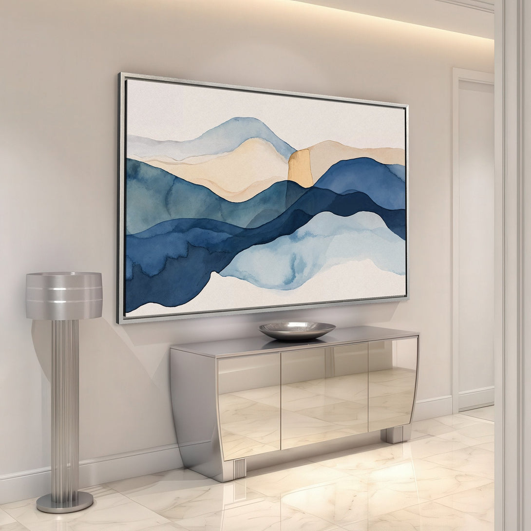 Framed Wall Art featuring abstract watercolor landscape in blue and beige tones. Modern art for living room or hallway decor.