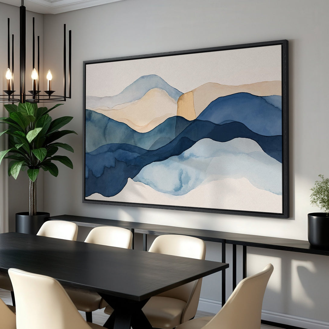 Framed Wall Art featuring a watercolor landscape in shades of blue and beige. Modern art perfect for dining rooms.