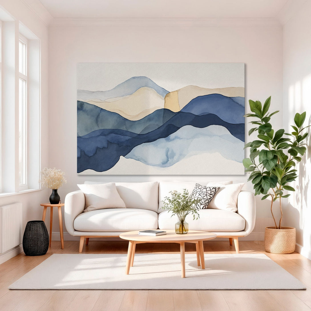 Framed Wall Art featuring abstract watercolor mountains in blue and beige tones. Modern art for living room decor.