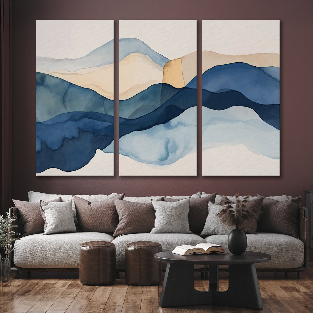 Abstract watercolor Canvas Print featuring blue and beige mountain landscape. Modern art for your home decor.