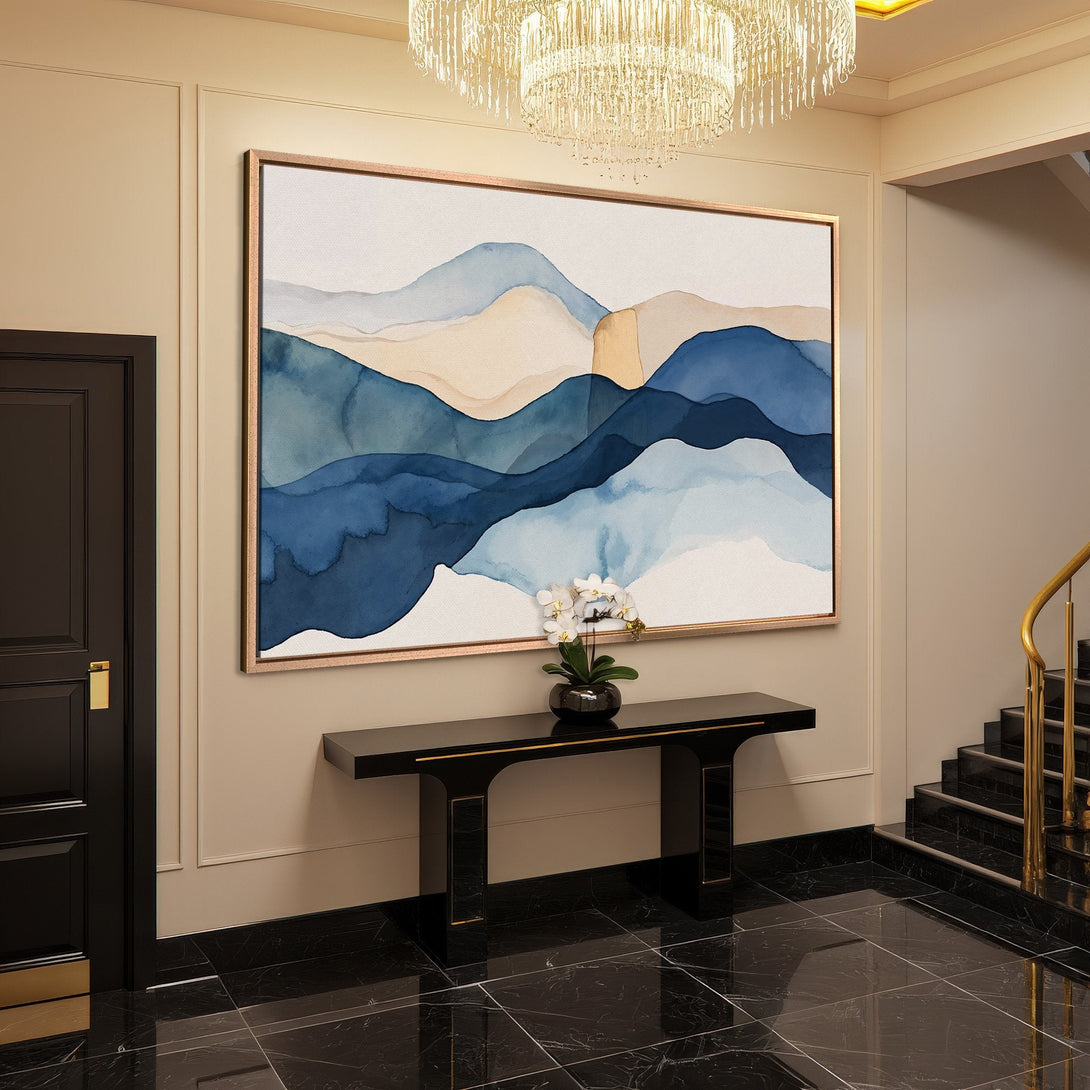 Framed Wall Art: Abstract watercolor mountain scene in blue and beige tones. Modern art for elegant home decor.