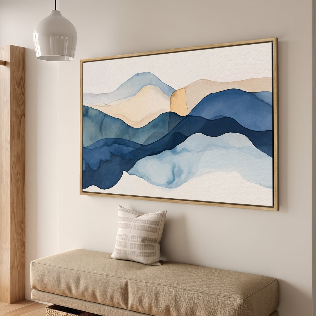 Framed Wall Art featuring abstract watercolor mountains in blue and beige. Modern art for a calming interior.