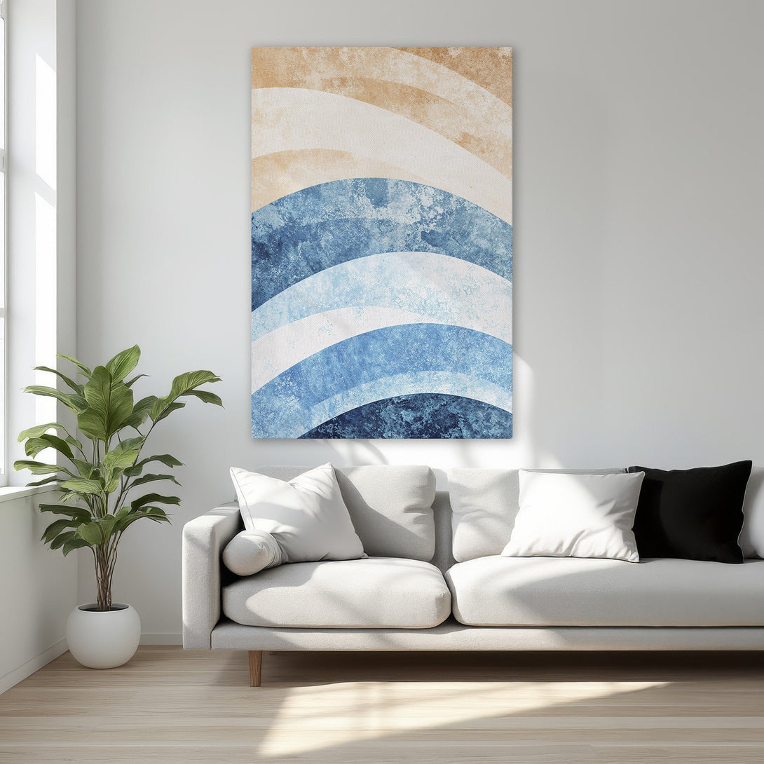 Framed Wall Art: Abstract blue and tan wave design Canvas Print, perfect for adding a touch of modern art to your bedroom decor.