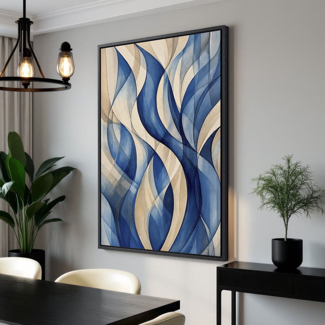 Framed Wall Art: Abstract blue and beige wave design. Modern canvas print for living room or dining room decor. Enhance your space with stylish art.