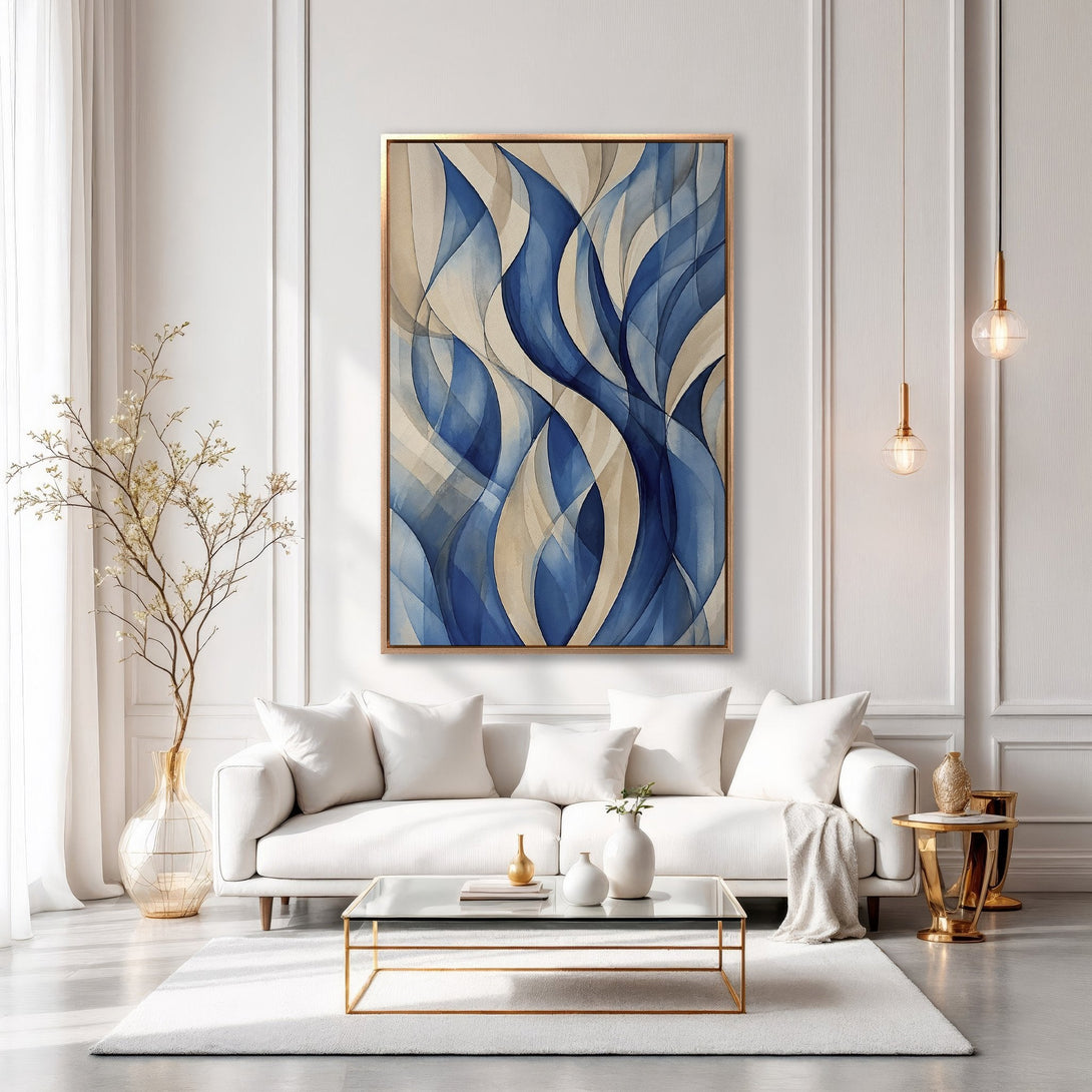 Framed Wall Art featuring an abstract blue and beige watercolor design. Elevate your space with this modern, stylish Canvas Print. Perfect for living rooms!