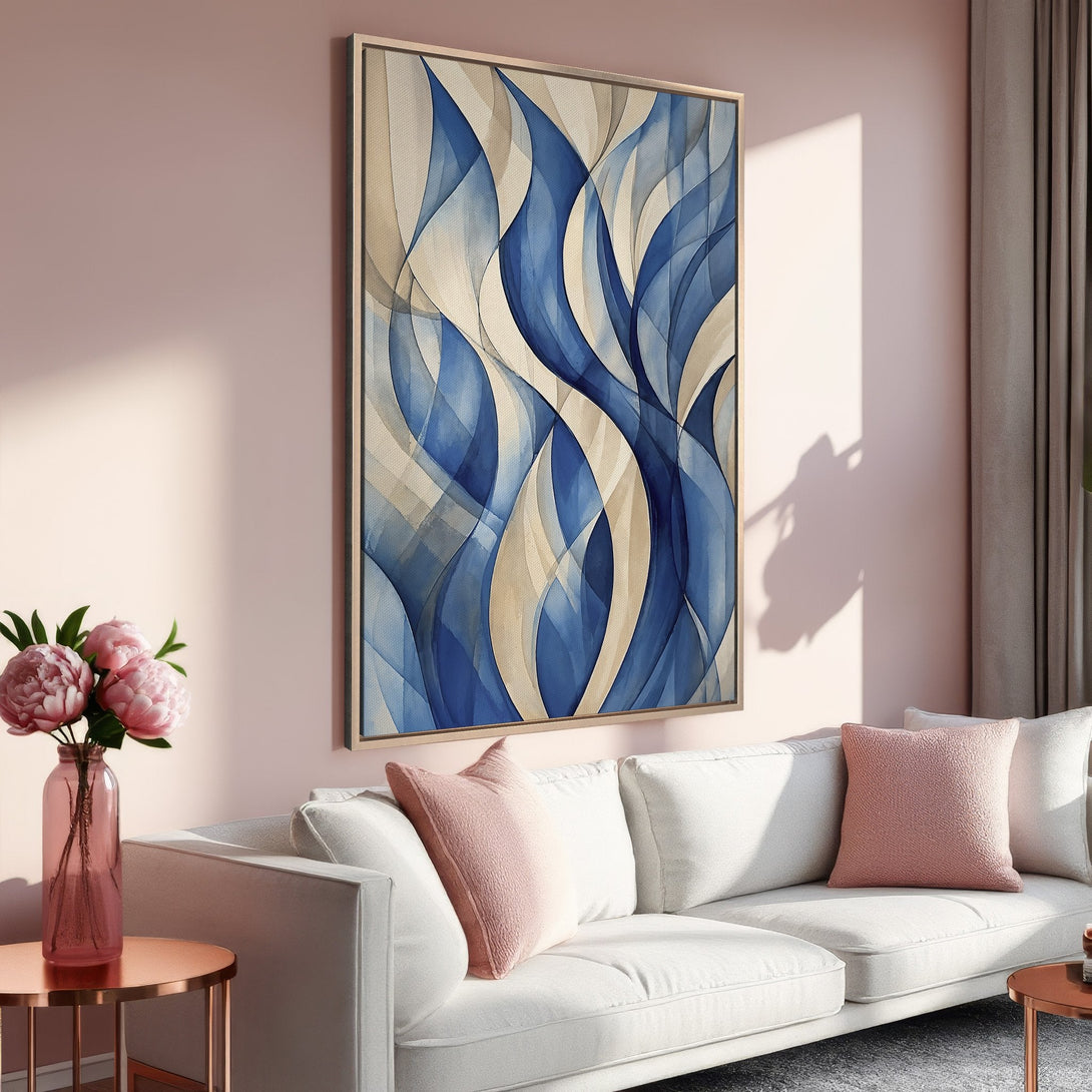 Framed Wall Art: Abstract blue and beige watercolor waves canvas print. Modern art for living room decor with a soft, neutral color palette.