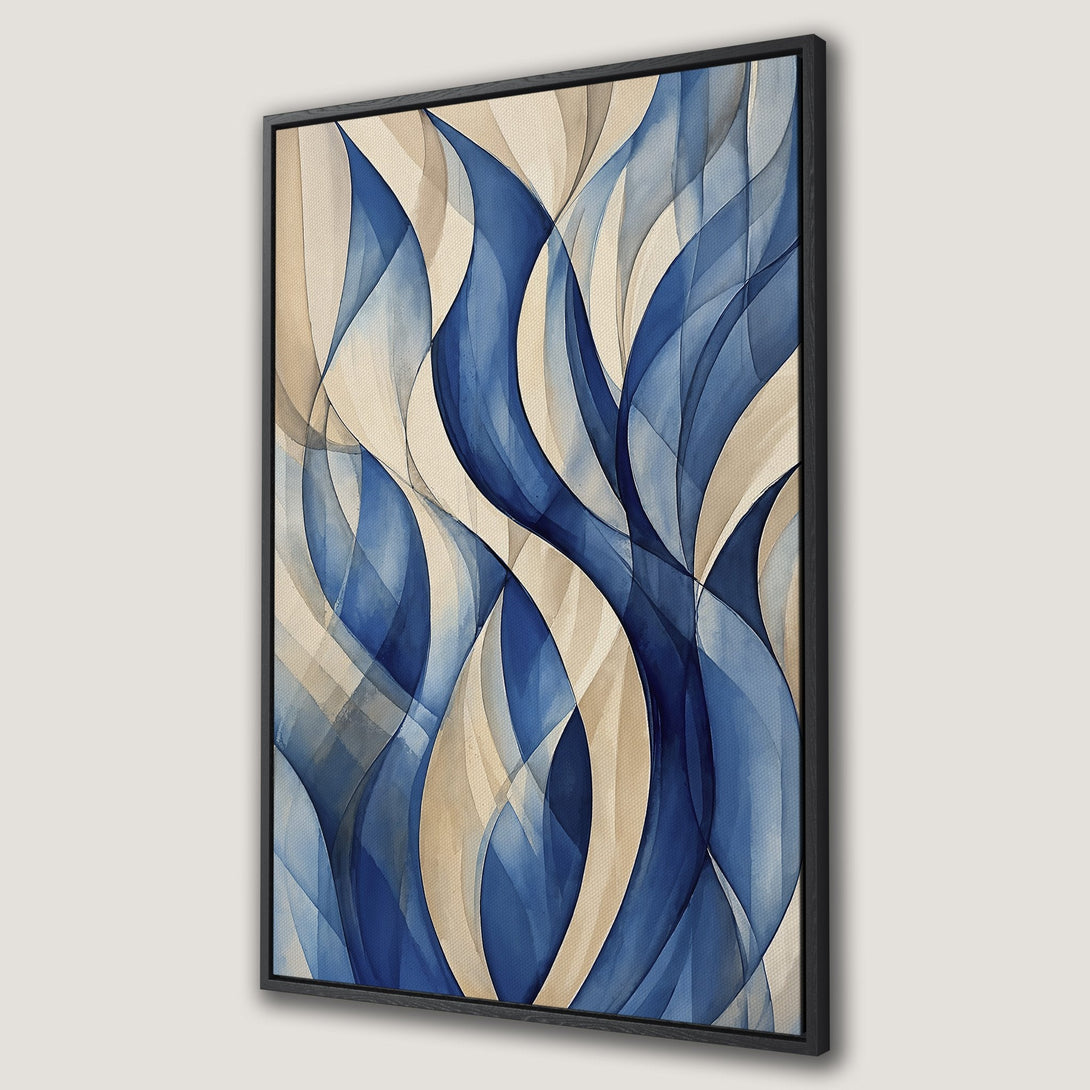 Framed Wall Art featuring abstract blue and beige watercolor design. Modern canvas print for home decor. Adds a touch of elegance.