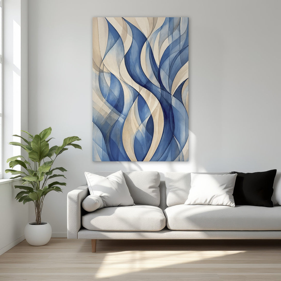 Framed Wall Art: Abstract blue and beige canvas print. Modern art with flowing lines, perfect for bedroom decor. Elegant color palette.