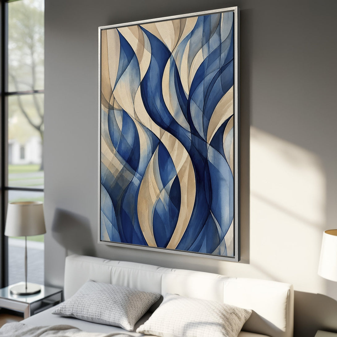 Framed Wall Art: Abstract blue and beige watercolor waves. Modern canvas print adds a touch of elegance to any interior. Shop now for stunning wall decor!