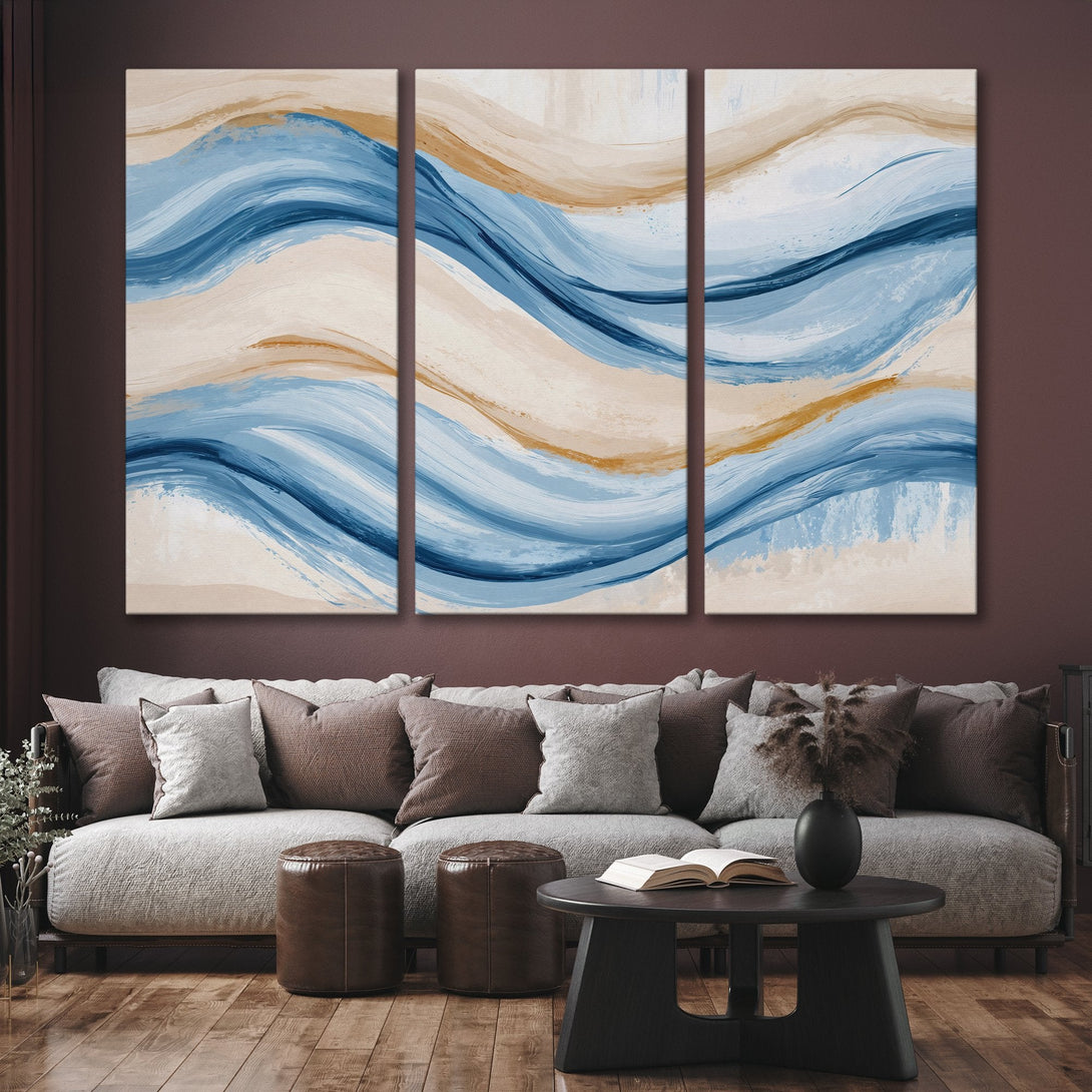Abstract Canvas Print set of 3 with blue, beige, and gold brushstrokes. Modern wall art for living room decor.