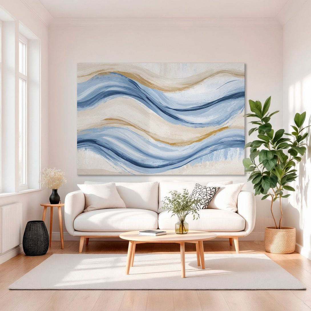 Framed Wall Art: Abstract blue & beige wave painting. Modern art canvas print adds elegance to any interior. Shop now for stylish home decor!