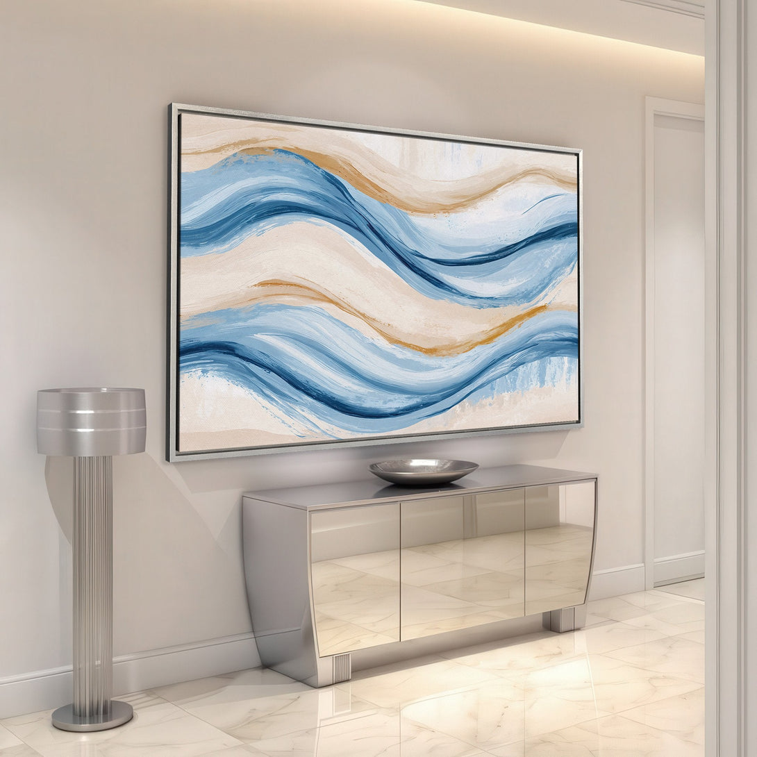 Framed Wall Art: Abstract blue & gold wave design Canvas Print. Modern art for home decor. Neutral color palette. Perfect for living room or hallway.