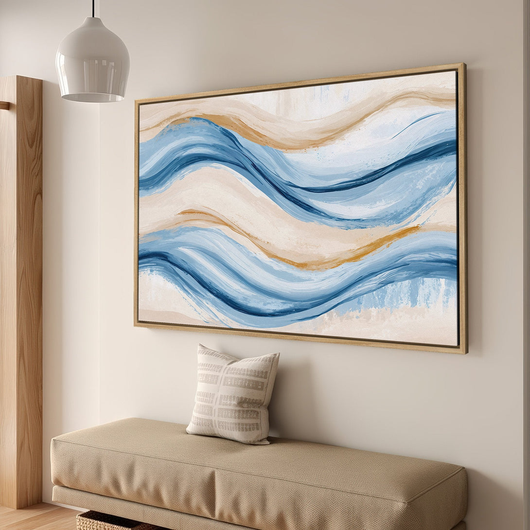 Framed wall art featuring abstract blue and beige brushstrokes. Modern art canvas print adds a touch of elegance to any interior.