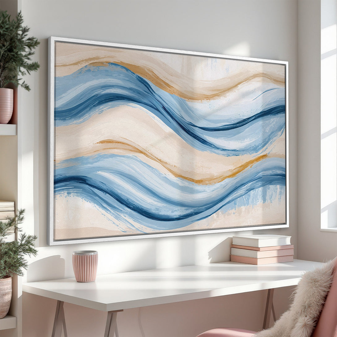 Framed Wall Art: Abstract blue & gold wave art canvas print. Modern, minimalist style in a neutral interior. Perfect for adding a touch of elegance!