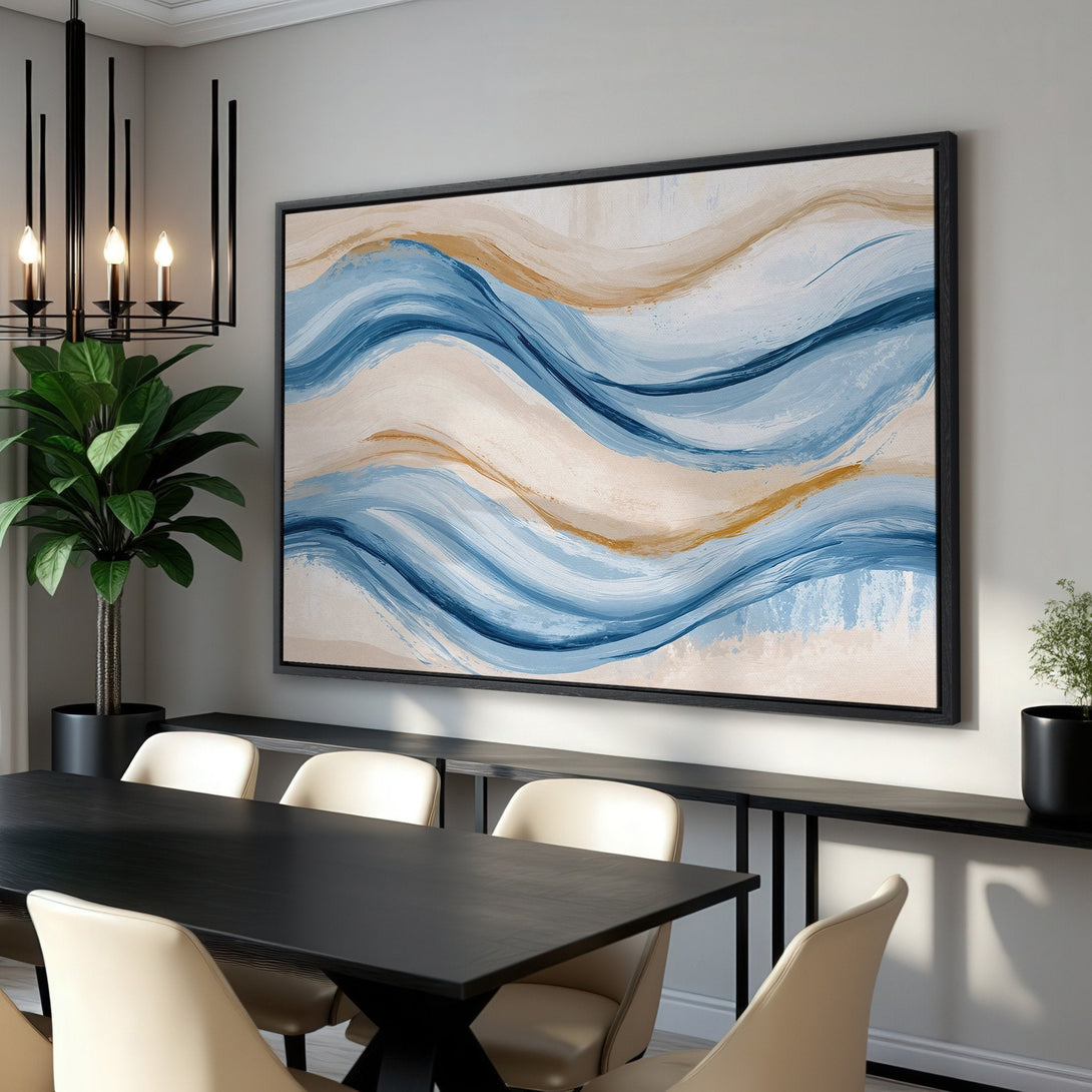 Framed Wall Art: Abstract blue and gold wave design Canvas Print. Modern art with a calming, neutral color palette, perfect for dining room decor.
