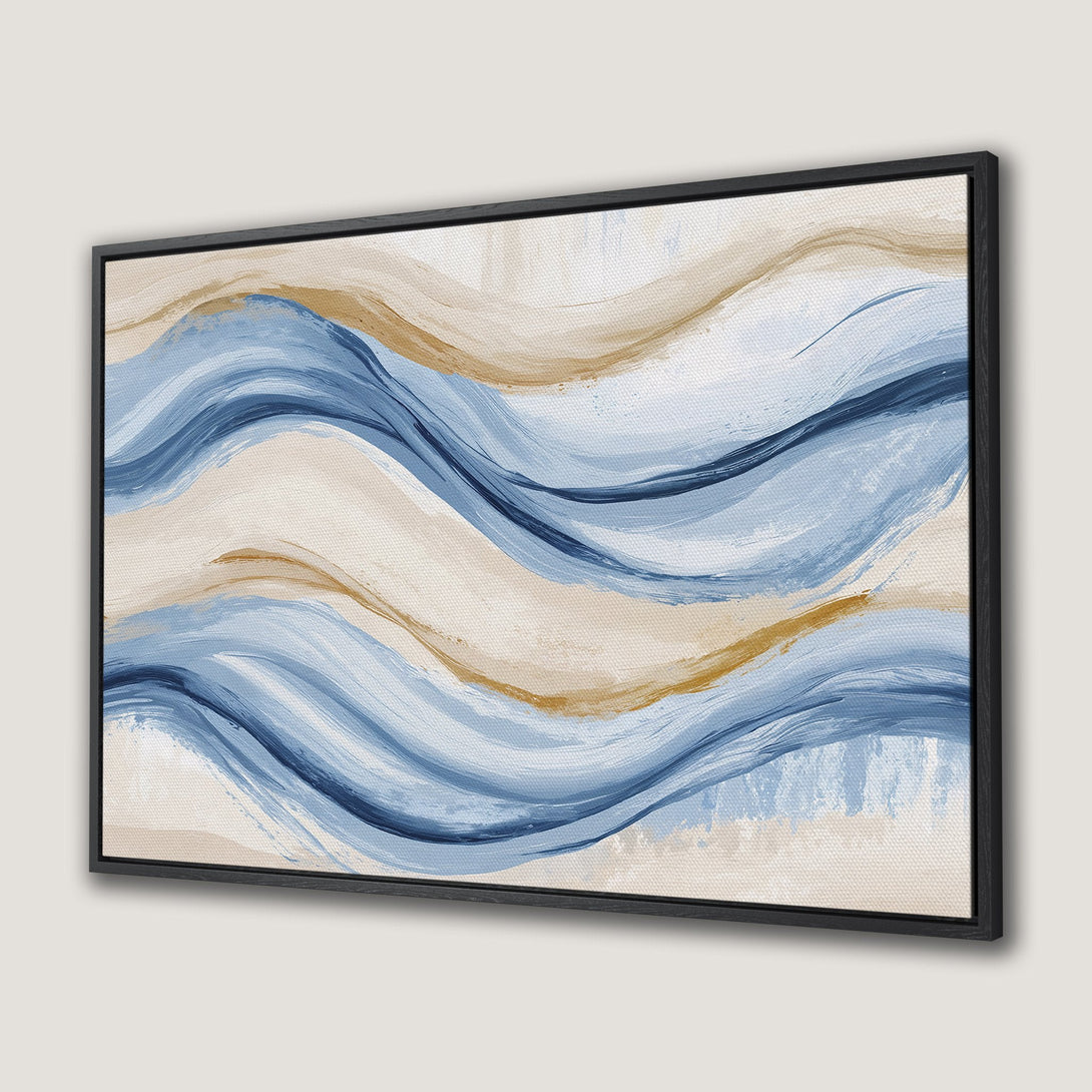 Framed Wall Art: Abstract wave design in blue, beige, and gold. Modern canvas print perfect for adding a touch of elegance to any space.