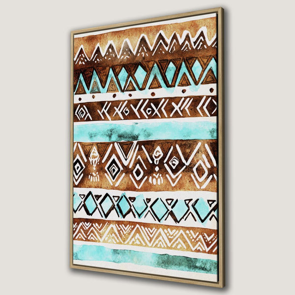 Framed Wall Art: Abstract watercolor tribal pattern in brown, teal, and white. Add a touch of bohemian style to your home with this Canvas Print!