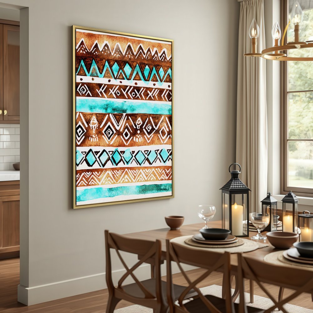 Canvas Print featuring tribal watercolor art in brown, turquoise, and white. Perfect for adding bohemian style to your home decor.