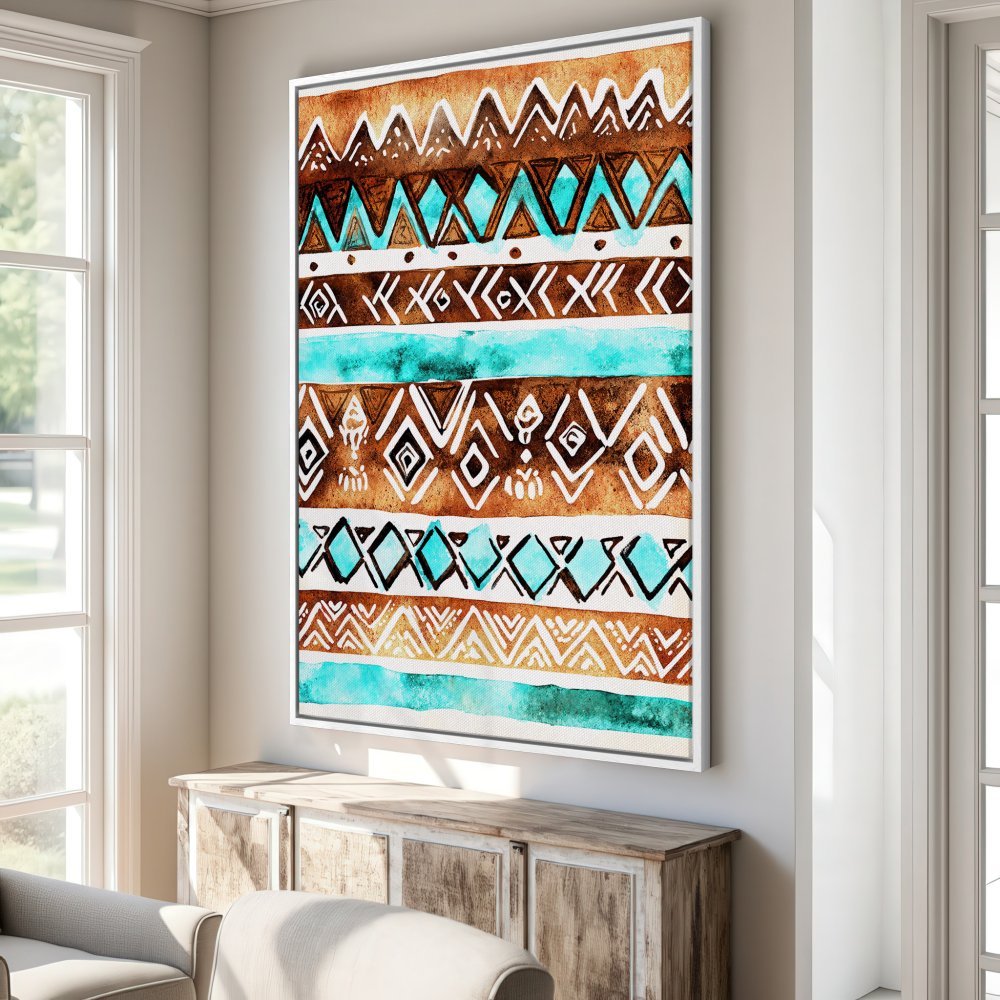 Framed Wall Art: Abstract tribal pattern Canvas Print in brown, turquoise, & white. Add a pop of color and style to your home decor!
