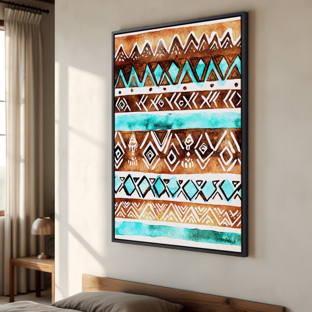 Framed Wall Art: Abstract watercolor tribal pattern in brown, turquoise, and white. Perfect for adding a bohemian touch to your home decor.