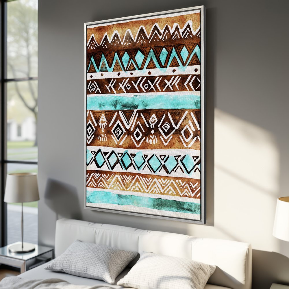 Framed Wall Art: Abstract tribal design Canvas Print in brown, turquoise, and white. Perfect for adding a touch of bohemian style to your home decor.