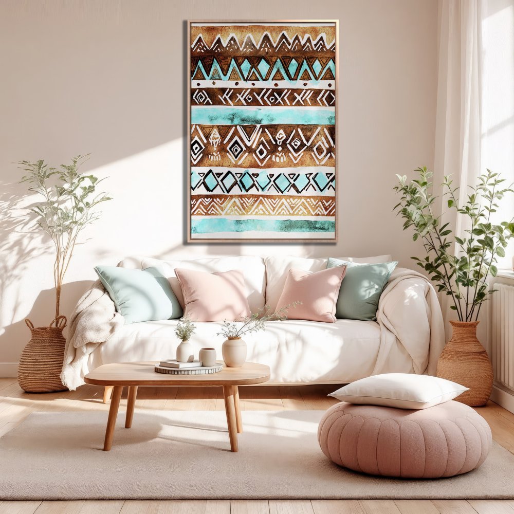 Framed Wall Art: Abstract watercolor print with tribal patterns in brown, teal, and white. Perfect for living room decor.