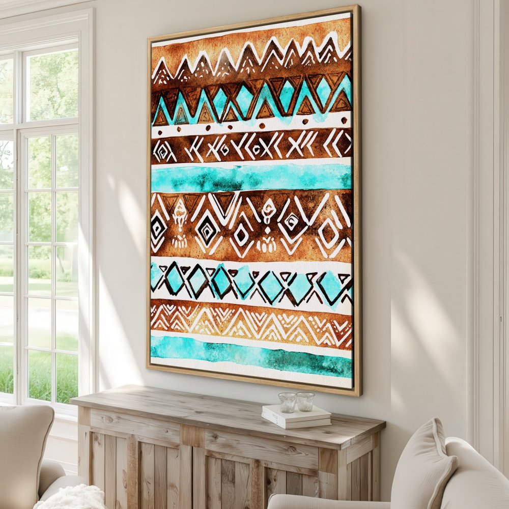 Framed Wall Art: Abstract tribal pattern Canvas Print in turquoise, brown, and white. Perfect for adding a touch of boho style to your home decor.