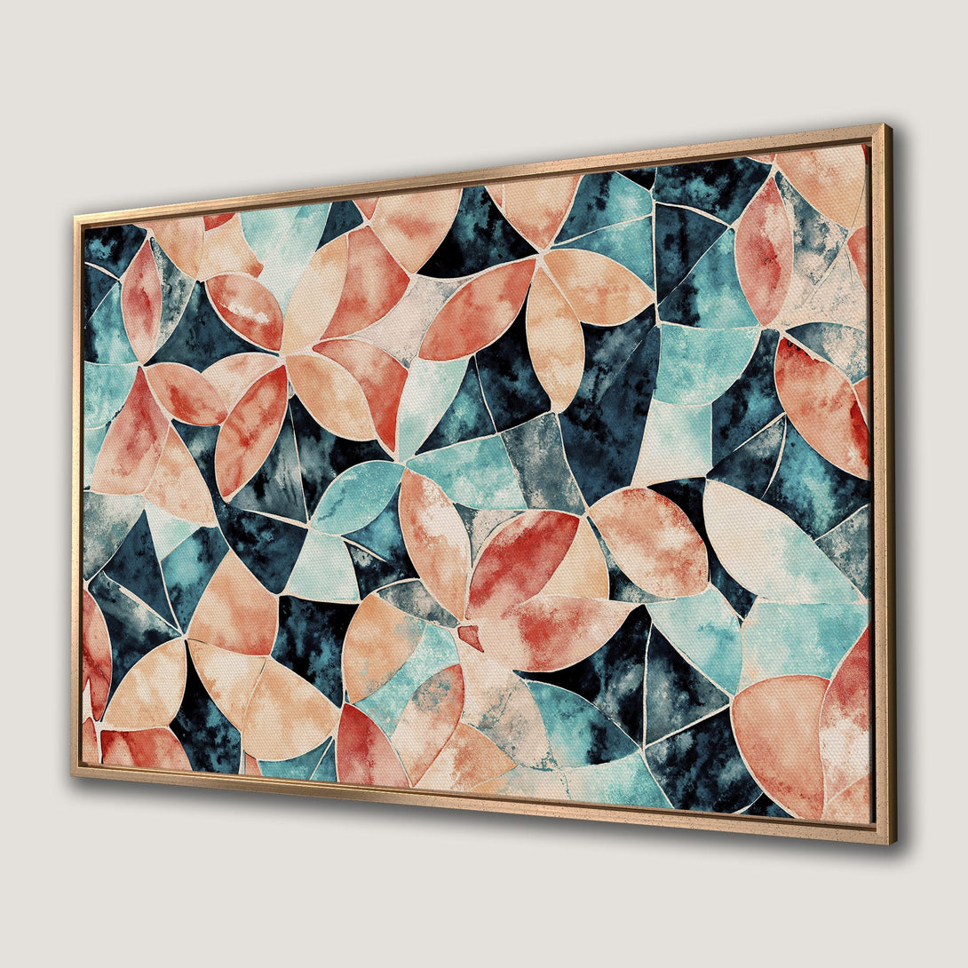 Framed Wall Art featuring an abstract floral design in watercolor style. Earthy tones of teal, coral, and beige create a calming aesthetic for any space.