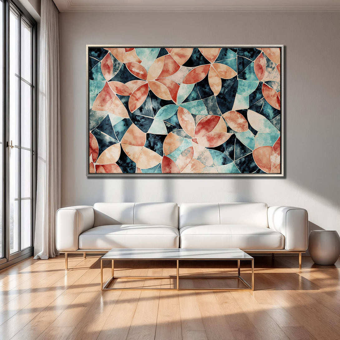 Framed Wall Art featuring abstract floral design in teal, coral, and navy tones. Modern art for living room decor.