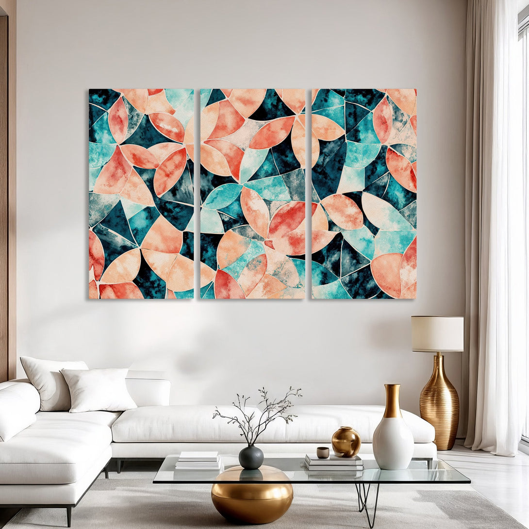 Abstract Canvas Print with watercolor-style leaves in teal, coral, and black. Modern wall art perfect for living room decor.