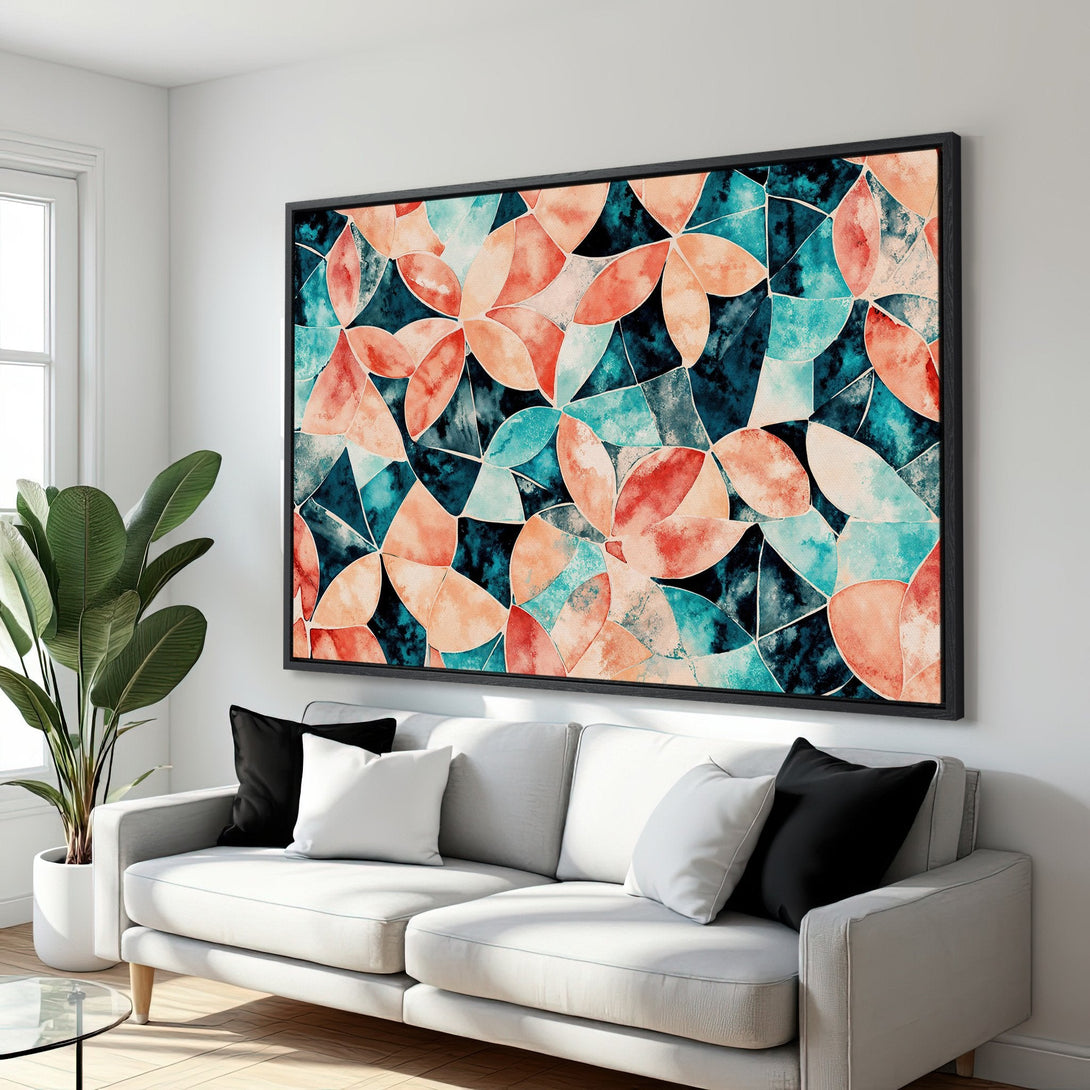 Framed Wall Art Canvas Print with abstract floral design in teal, coral, and navy tones. Modern decor for living room or bedroom.