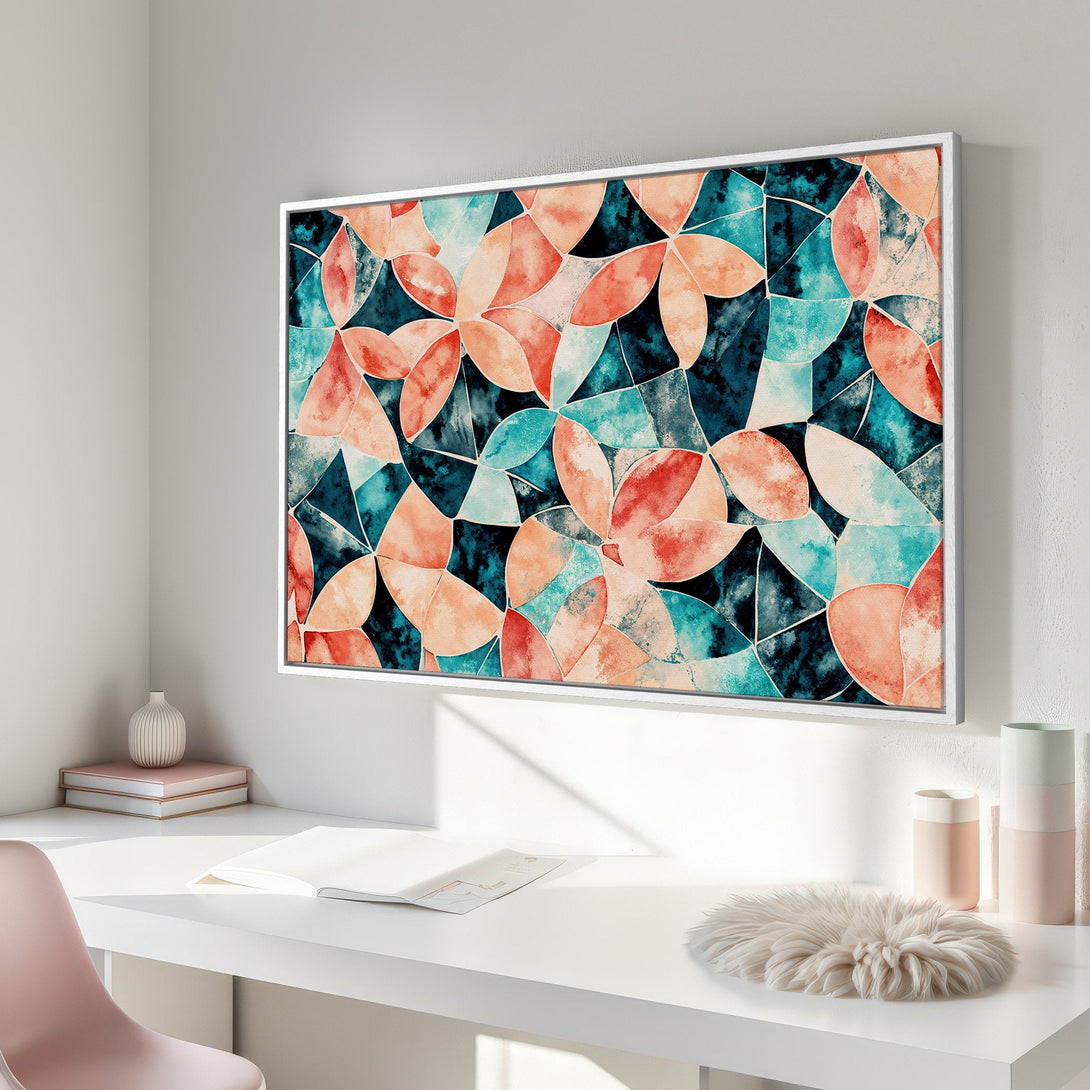 Framed Wall Art featuring an abstract floral design in watercolor style. Earthy tones of teal, coral, and black create a modern, stylish canvas print.
