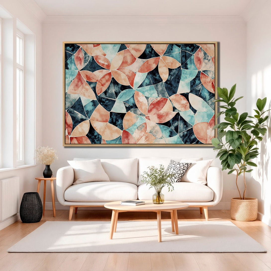 Framed Wall Art in a modern living room. Abstract floral design with teal, coral, and navy color palette. Perfect for adding a pop of color!