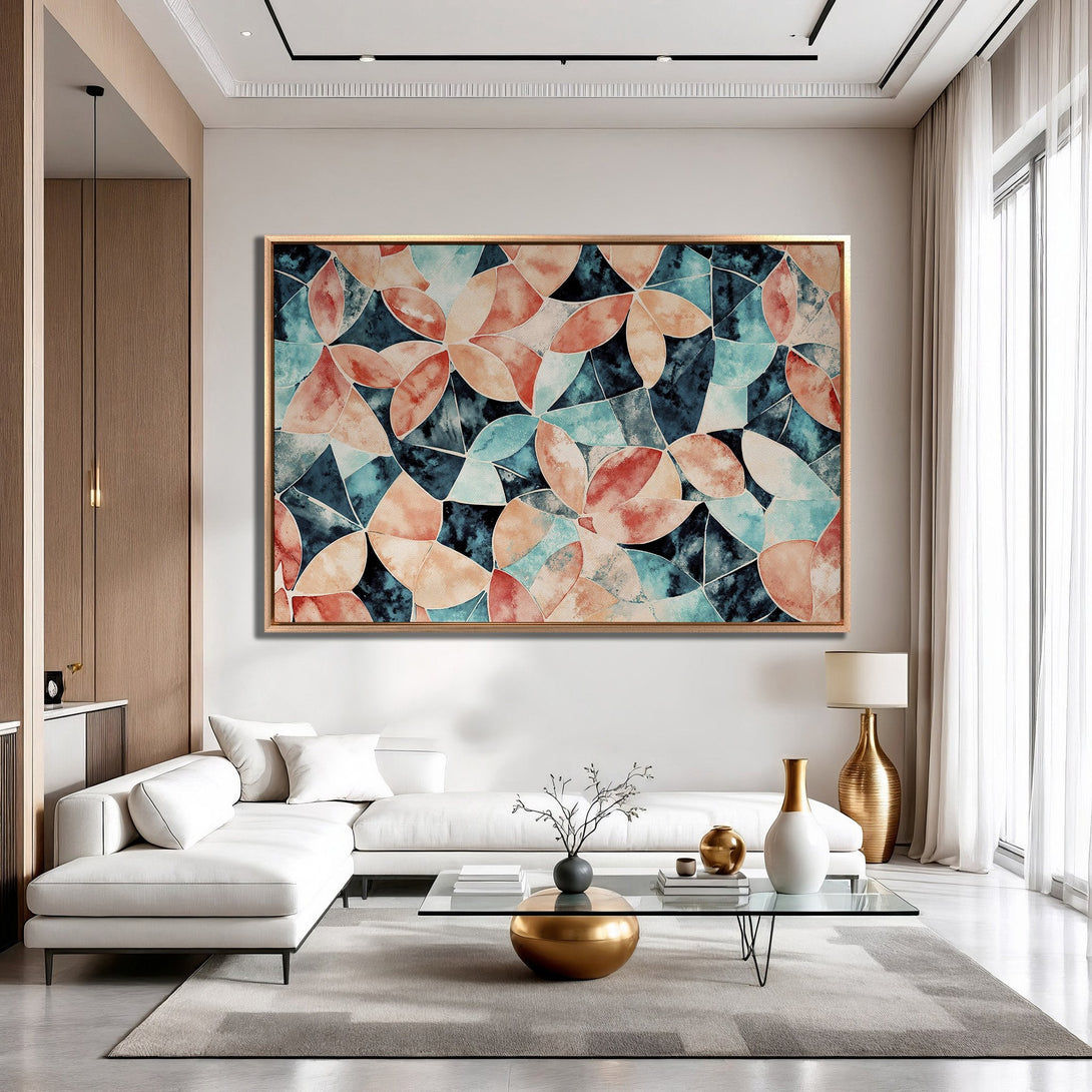 Framed Wall Art: Abstract floral design in watercolor style. Features a modern living room with a teal, coral, and neutral color palette. Elevate your space!