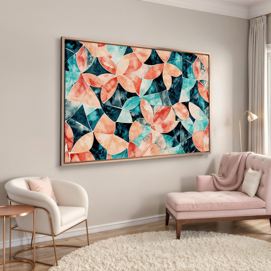 Framed Wall Art: Abstract floral design in teal, coral, and navy. Modern canvas print adds a pop of color to any living room or bedroom.