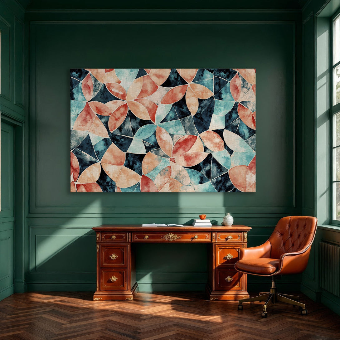 Framed Wall Art: Abstract floral design in teal, coral, and navy. Modern canvas print adds a pop of color to any dining room.