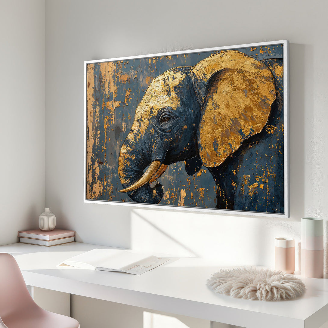 Framed Wall Art: Abstract elephant portrait in gold and navy blue. Modern canvas print adds a touch of luxury to any interior.