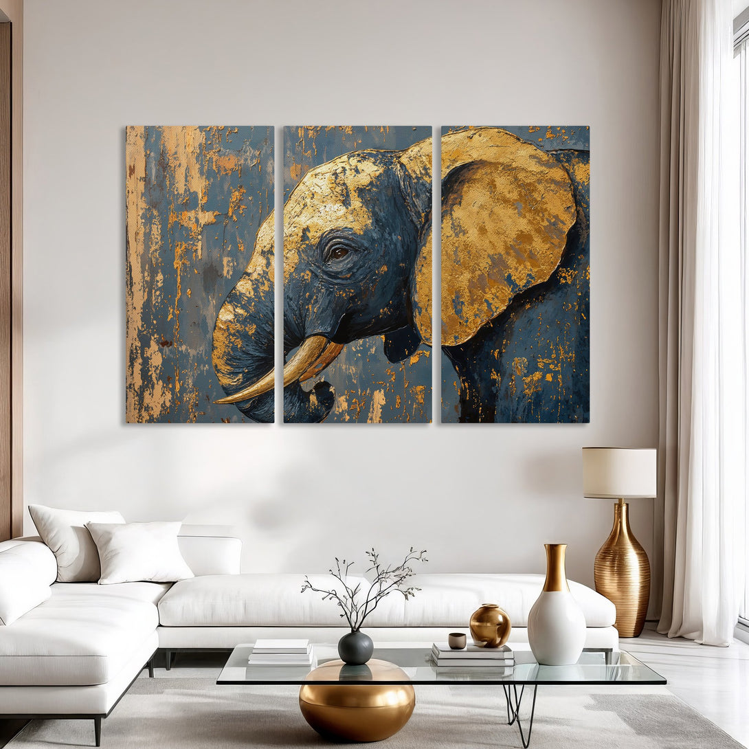 Canvas Print of an elephant with gold accents, in a modern abstract style, featuring a blue and gold color palette. Perfect wall art for any room!