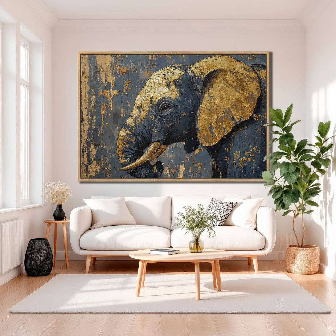 Framed Wall Art: Abstract elephant painting in gold and navy blue. Modern decor for living room or bedroom. Shop canvas prints today!