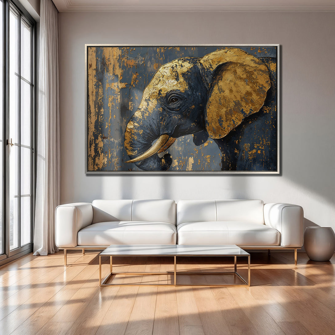 Framed Wall Art: Abstract elephant painting in gold and navy blue. Modern art canvas print adds luxury to any living room.