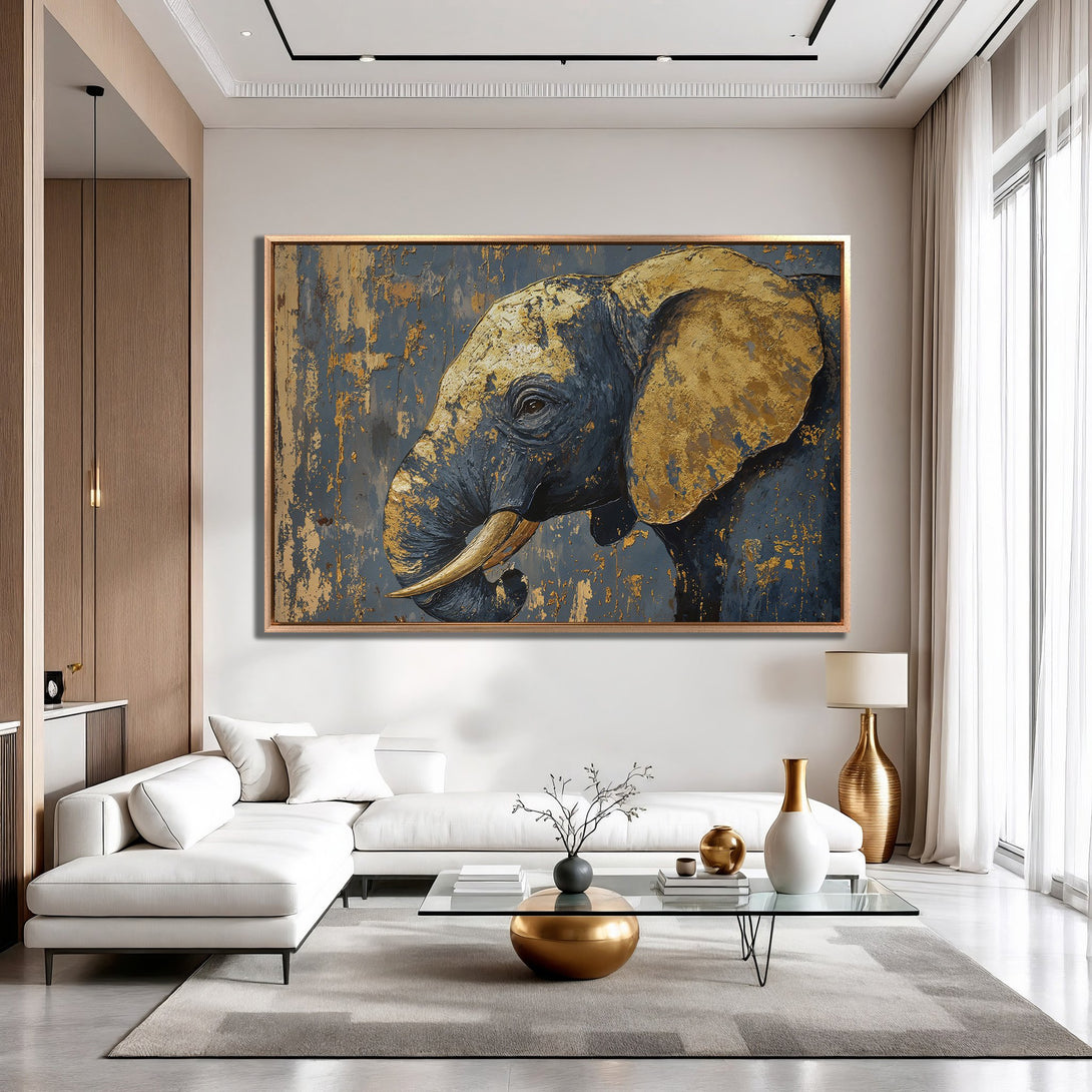 Framed Wall Art: Abstract elephant portrait in gold and blue tones. Modern art canvas print adds elegance to any living room. Shop now!
