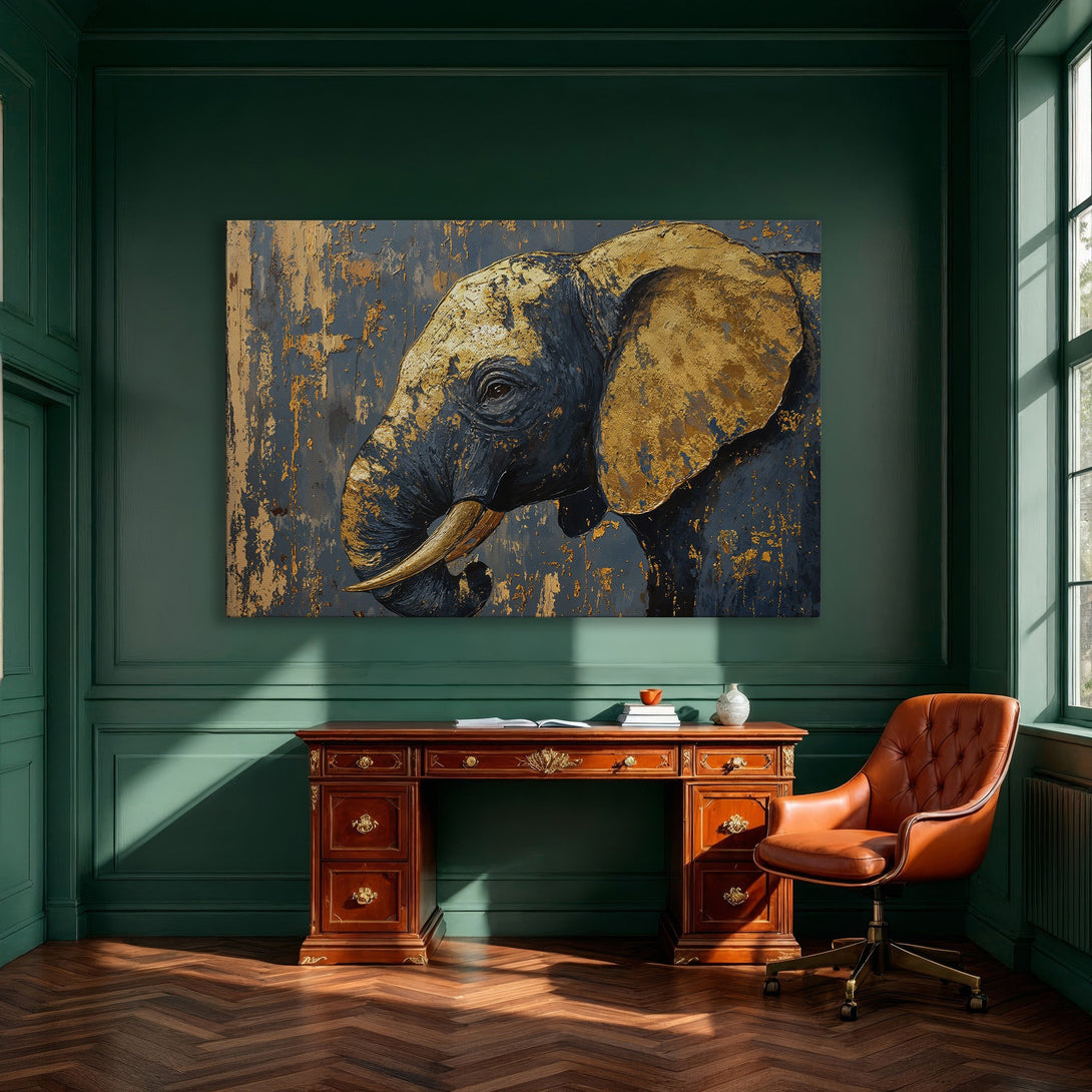 Framed Wall Art: Stunning elephant portrait in blue & gold. Add a touch of luxury with this textured canvas print. Perfect for modern decor!