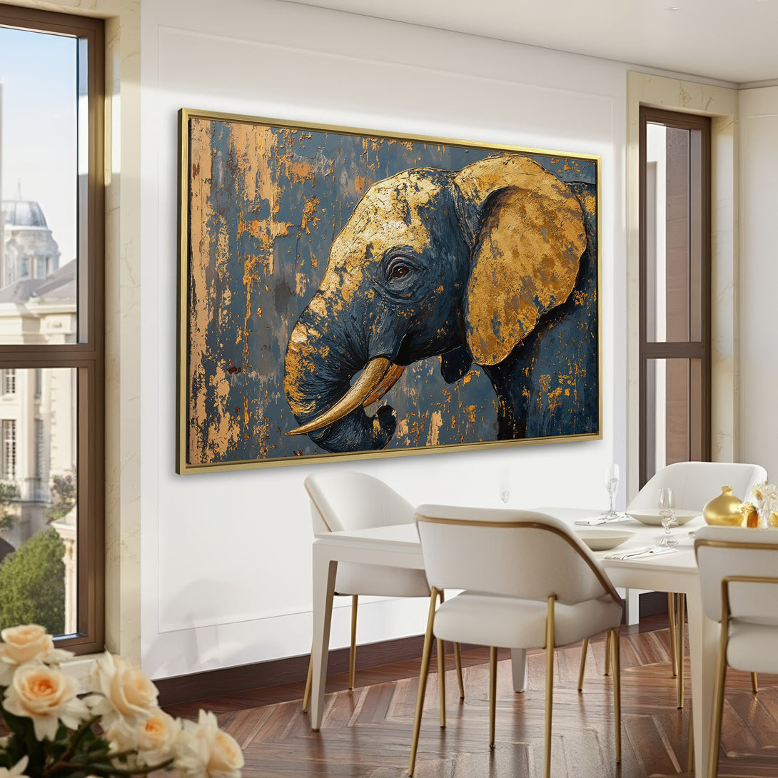 Canvas Print featuring an elegant elephant in gold and navy tones. Perfect for adding a touch of luxury to any space. Shop now!