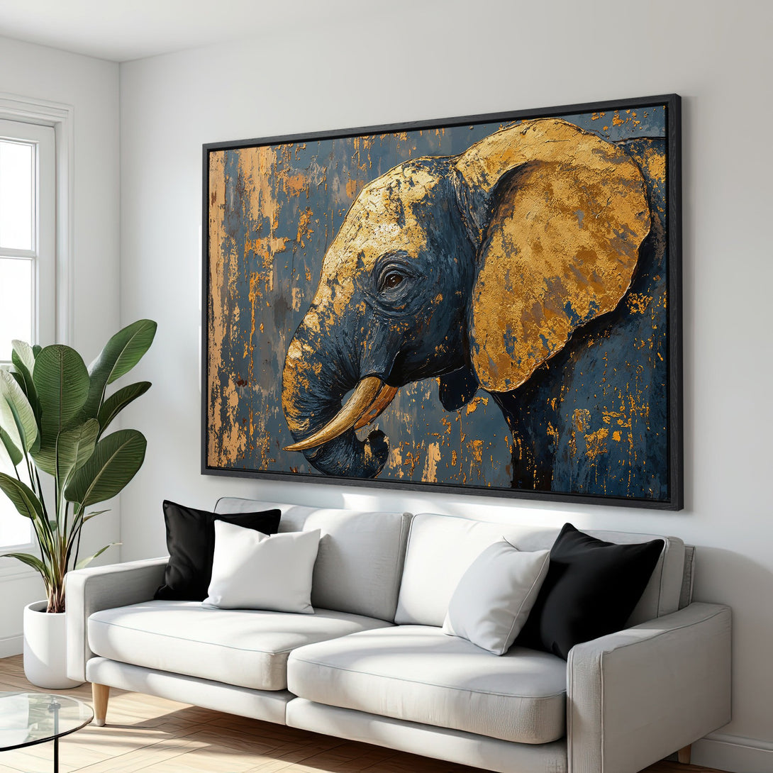 Framed Wall Art: Stunning elephant portrait canvas print in gold and navy blue, perfect for modern home decor. Add a touch of elegance!