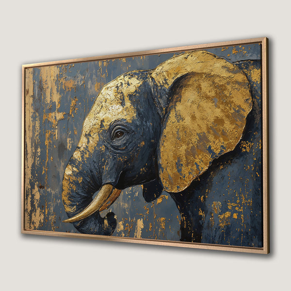 Framed Wall Art: Stunning elephant portrait in a textured, abstract style. Features a luxurious gold and navy blue color palette. Perfect for modern decor.