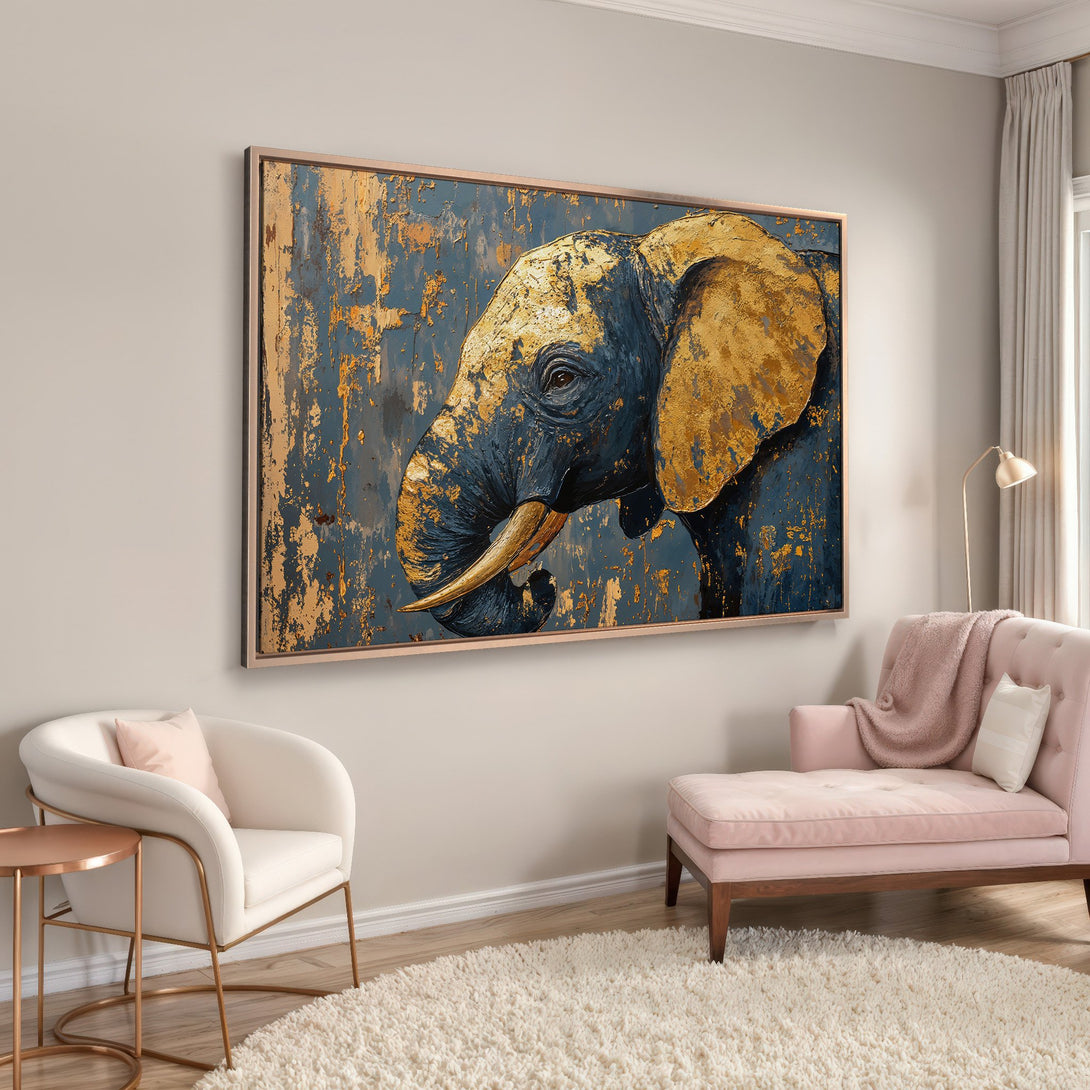 Framed Wall Art: Abstract elephant portrait in blue and gold. Stunning canvas print adds a touch of luxury to any space. Perfect for modern decor.
